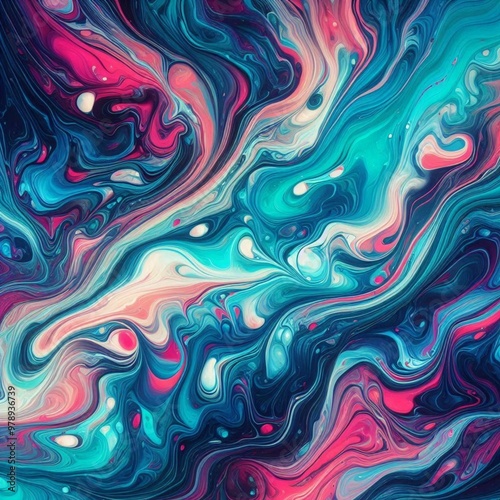 A mesmerizing abstract fluid art composition with vibrant swirls of teal, pink, and blue. This dynamic design evokes movement and energy, ideal for creative projects, backgrounds, and modern art.