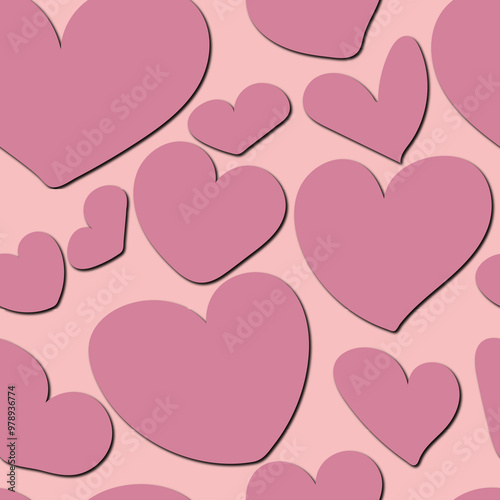 A seamless pattern with hearts. Pink hearts with shadows background. Pink hearts seamless pattern doodle illustration.