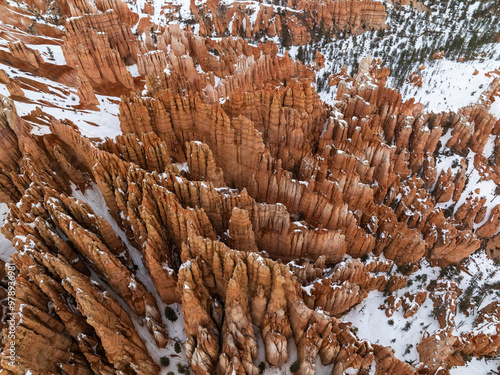 Aerial view of breathtaking rock formations and majestic canyon with red hoodoos, Cannonville, United States.