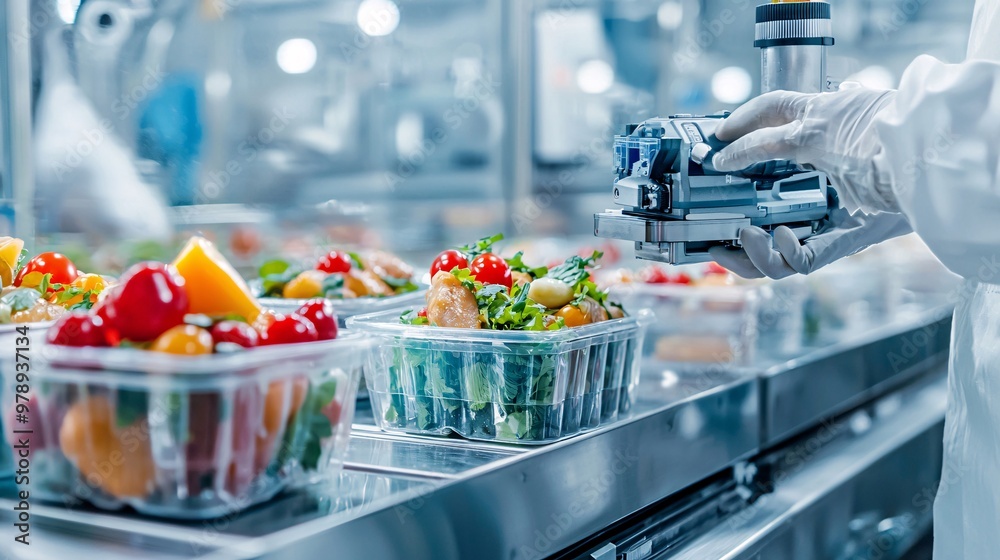 Automated packaging machine sealing ready-to-eat meals in a factory, automation, food preservation technology Automated packaging machine sealing ready-to-eat meals in a factory, automation, food preservation technology