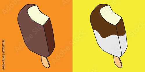 ice cream with two variants, chocolate and vanilla and melted chocolate.