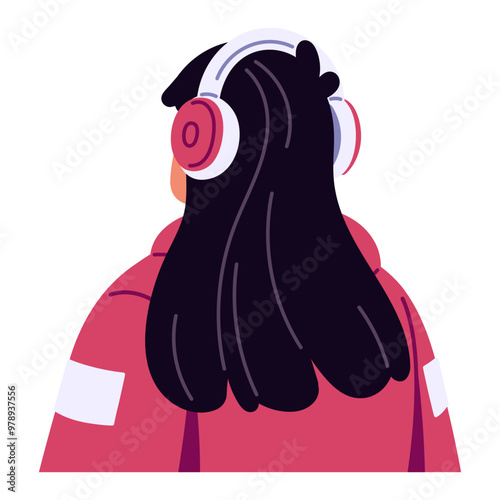 Girl with long black hair listens to music with headphones back view. Young woman with song, audio podcast playing in earphones, headset. Flat isolated vector illustration on white background