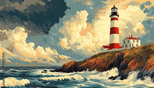A red and white lighthouse sits atop a rocky cliff overlooking a stormy ocean, with the sun shining through dramatic clouds.