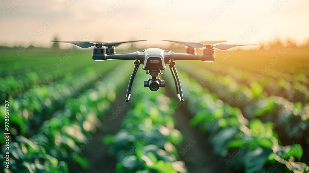 AI-controlled drone spraying crops in a smart farm, precision farming, agricultural food tech AI-controlled drone spraying crops in a smart farm, precision farming, agricultural food tech