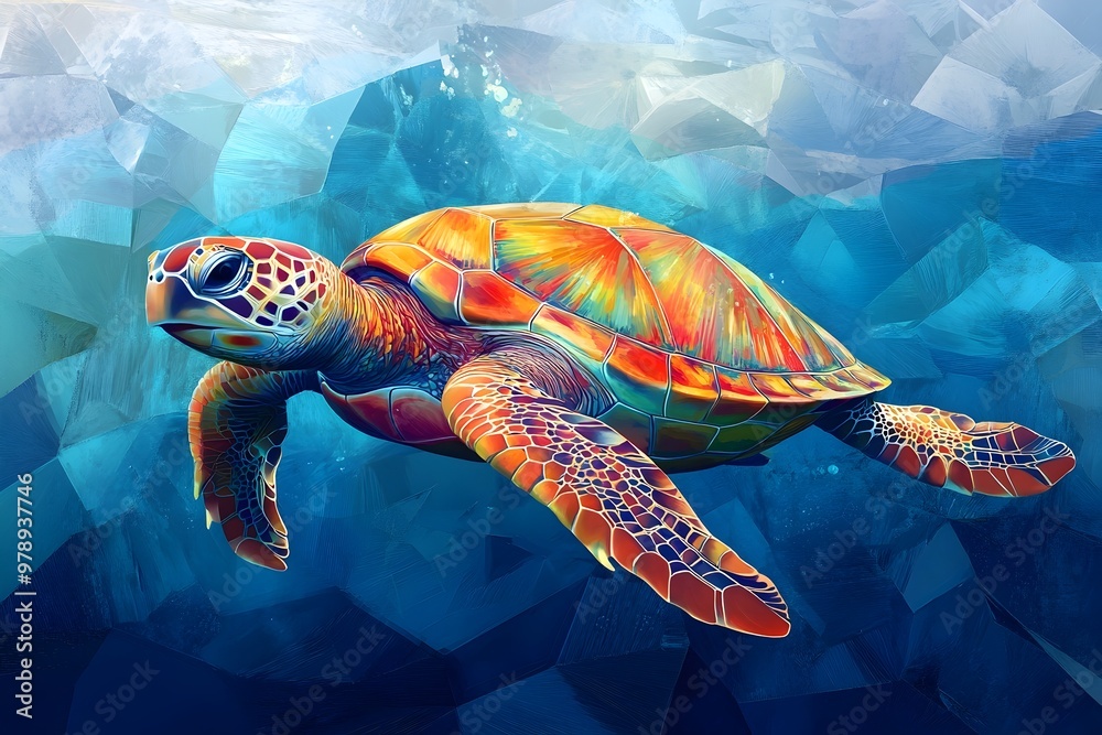 Fototapeta premium Colorful Underwater Turtle in Geometric Ocean Setting
