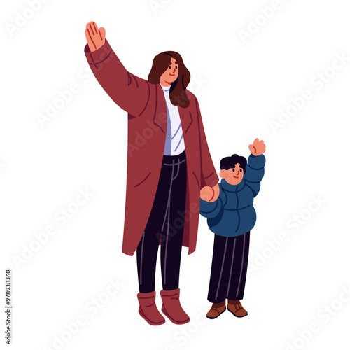 Happy mother and kid hold hands and greeting. Parent and child in winter outerwear welcoming. Family says hello or goodbye outdoor together. Flat isolated vector illustration on white background