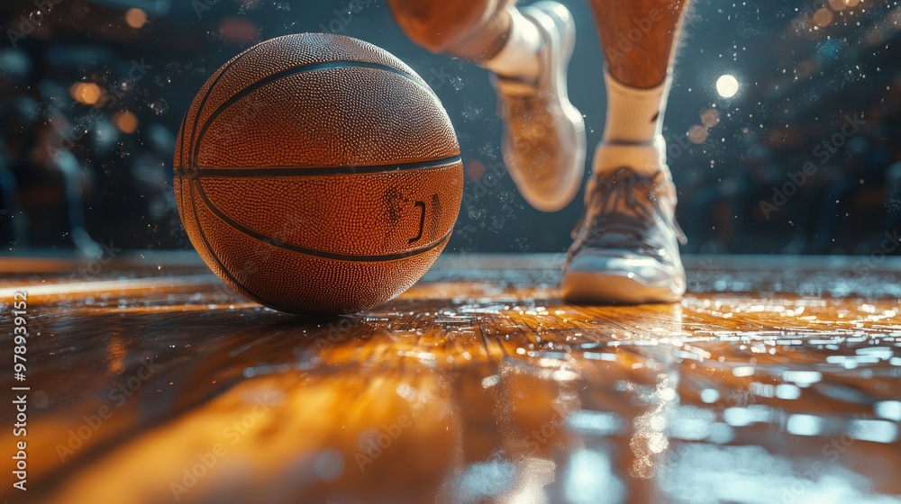 Basketball Player Dribbling on Court with Focus on Ball Basketball Player Dribbling on Court with Focus on Ball
