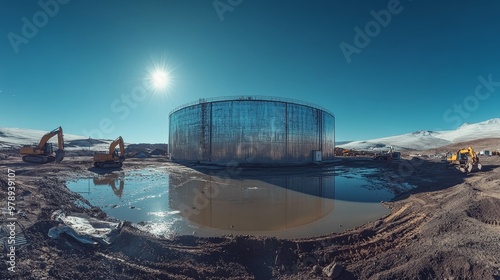 Panoramic shot of a fuel storage tank at a deserted mining site, surrounded by idle excavators, the metallic surface shimmering under a clear blue sky