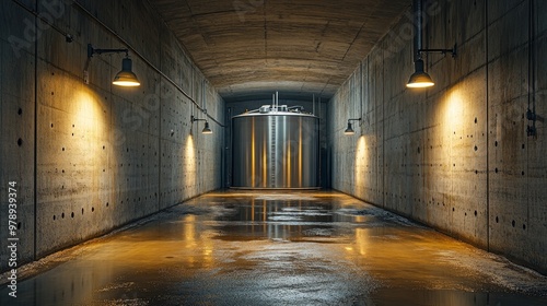 Partially exposed stainless steel tank embedded in an underground concrete chamber  with utility lights casting dramatic shadows