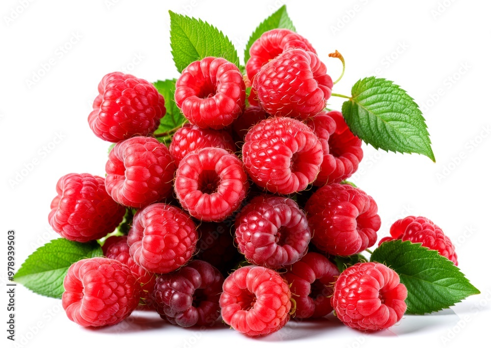 stack of fresh raspberries with leaves on white background stack of fresh raspberries with leaves on white background