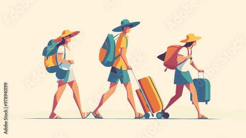 Colorful travelers with luggage take a stroll