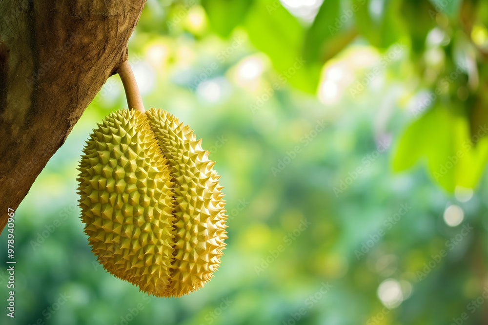 Ripe durian on garden tree. Shallow depth of feld Ripe durian on garden tree. Shallow depth of feld