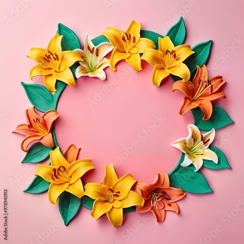 Vibrant arrangement of craft paper lilies in yellow, orange, green is displayed on soft pink background, highlighting artistic design and floral beauty. Generative AI art. Copy space, greeting card