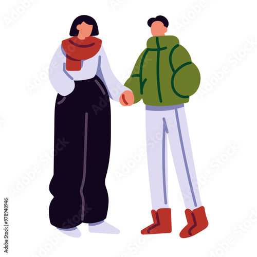 Cute couple in outerwear holds hands. Boyfriend and girlfriend at romantic date in winter outdoor. Boy and girl love each other, walk together. Flat isolated vector illustration on white background