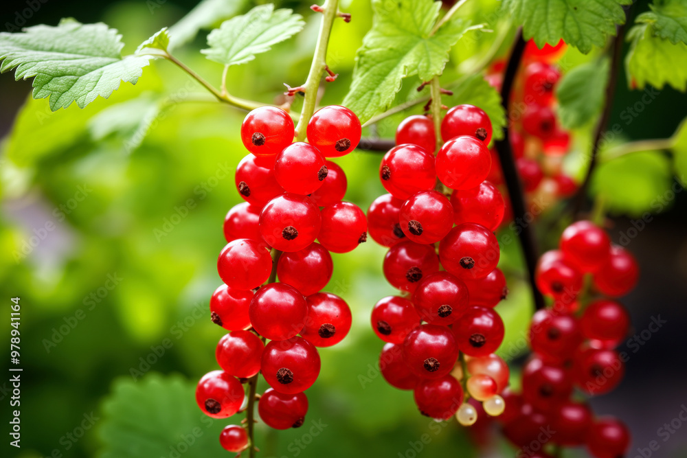 Abundant red currant hanging from tree branches. Shallow depth of feld Abundant red currant hanging from tree branches. Shallow depth of feld