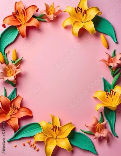 Vibrant arrangement of craft paper lilies in yellow, orange, green is displayed on soft pink background, highlighting artistic design and floral beauty. Generative AI art. Copy space, greeting card