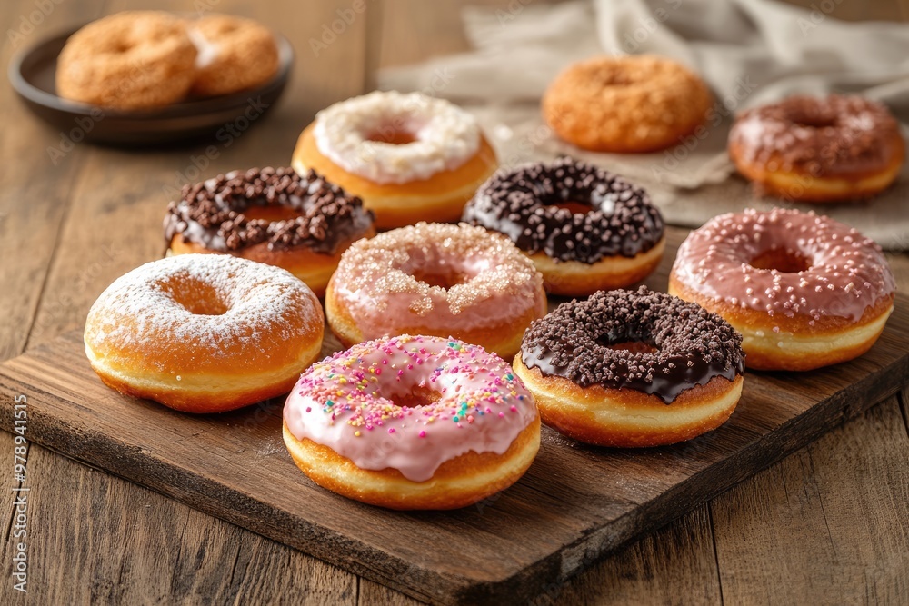 Assorted Donuts on Rustic Wooden Table Assorted Donuts on Rustic Wooden Table