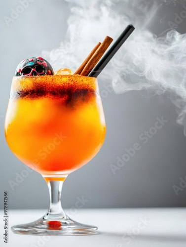 Halloween Cocktail with Skull Ice Cube and Cinnamon Sticks photo