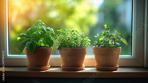 Minimalist indoor herb garden with potted basil on sunny windowsill