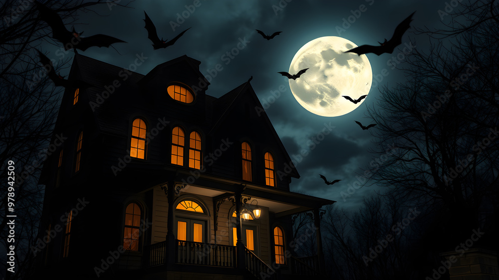 Fototapeta premium Close-up of a haunted house at night with bats flying around, a full moon, and eerie Halloween lights casting shadows, space for text in the sky. Generative AI
