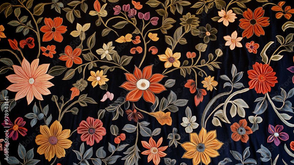 A colourful floral patterned rug with a variety of flowers and leaves A colourful floral patterned rug with a variety of flowers and leaves