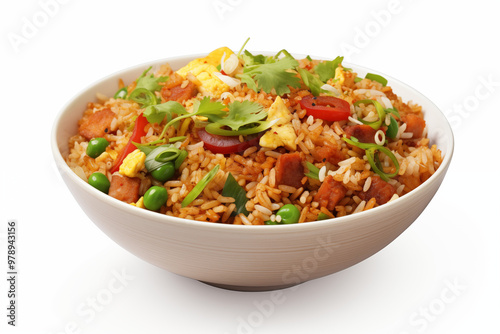 Fried rice on white background. Fried rice themes. Asian cuisine themes. Asian restaurant. Paella cooking. PNG cut out. Image for graphic designer. Image for flyers.