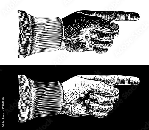 A hand pointing a finger in an etched vintage woodcut style