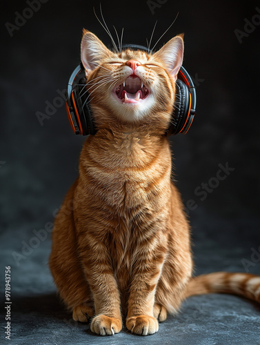 A happy cat wearing headpho...