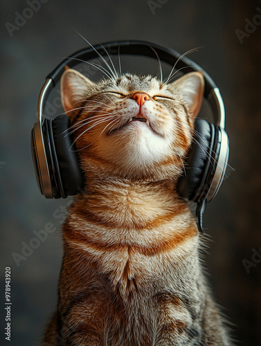 A happy cat wearing headpho...