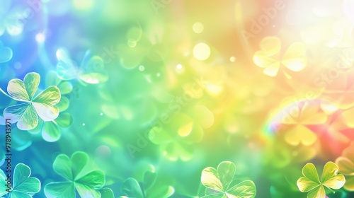 Lucky banner, rainbow and clover leaves scattered, ample text space, bright gradient backdrop, soft shadows. 