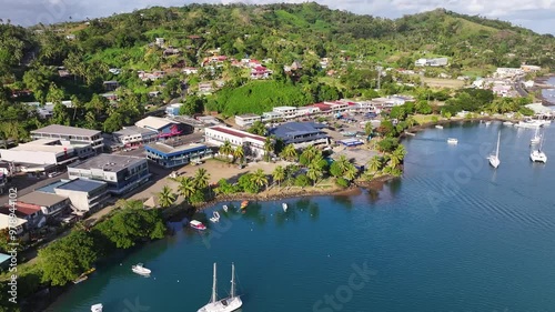 Savusavu main road and promenade along shore. Picturesque town Fiji Island, Vanua Levu. Drone photo