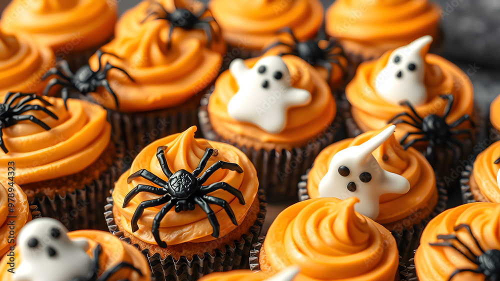 Close-up of Halloween cupcakes decorated with spiders, ghosts, and orange frosting, with space for text in the background. Generative AI