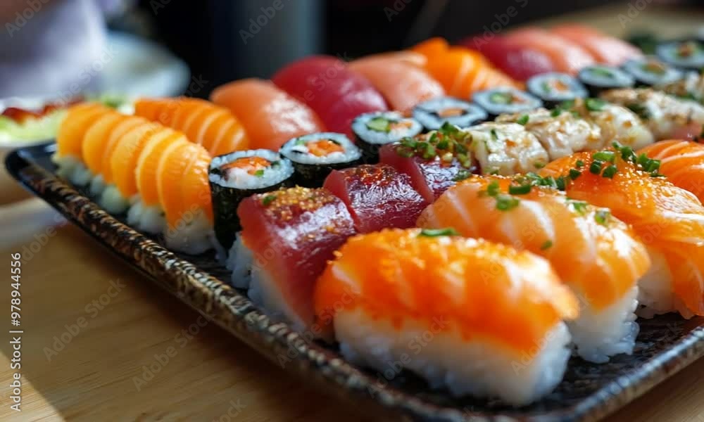 Sushi platter with various kinds of sushi and nigiri, arranged on a black plate and wooden table