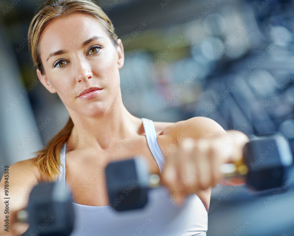 Dumbbell, muscle and weightlifting with woman in gym for workout, performance and fitness. Weights, strong and sports athlete with person training and exercise for energy, wellness and health Dumbbell, muscle and weightlifting with woman in gym for workout, performance and fitness. Weights, strong and sports athlete with person training and exercise for energy, wellness and health