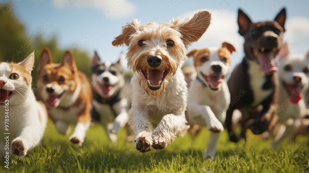 Happy Dogs and Cat Running in Green Grass Closeup of Paws Happy Dogs and Cat Running in Green Grass Closeup of Paws