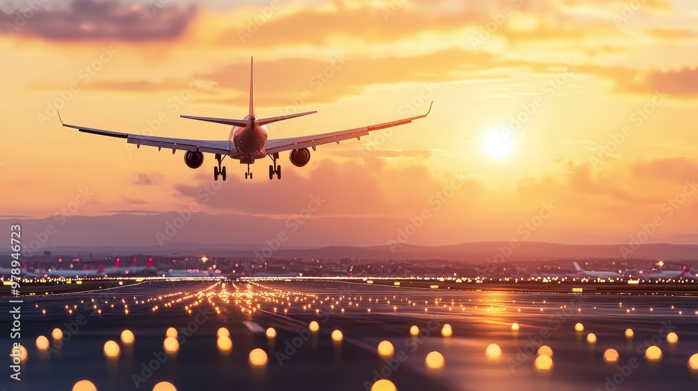 Airplane Landing on Runway at Sunset Airplane Landing on Runway at Sunset