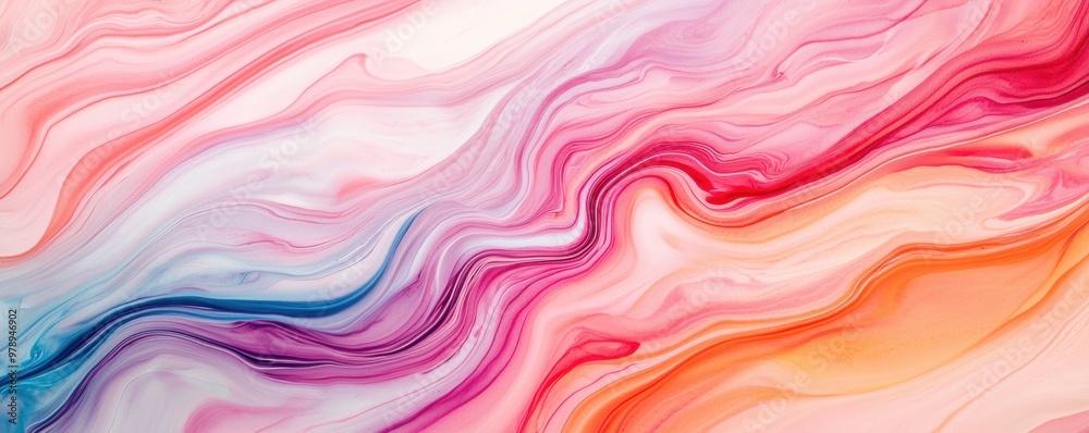 A vibrant, fluid abstract art piece featuring swirling colors of pink, orange, and blue, perfect for modern design projects.