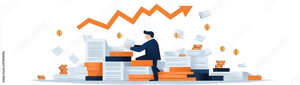 Digital illustration of a tax official stamping a pile of documents while golden arrows representing investments soar upward