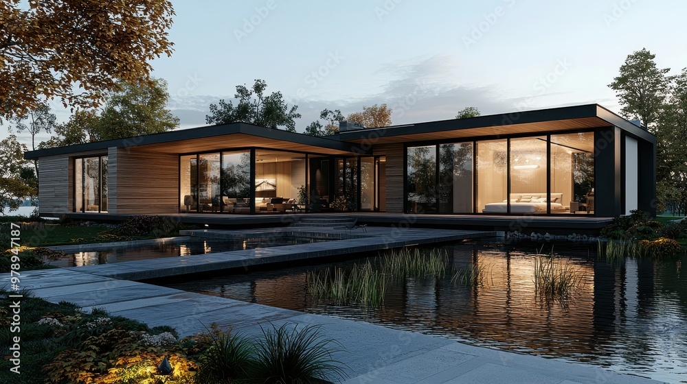 Modern Luxury Home with Pool and Pond at Dusk Modern Luxury Home with Pool and Pond at Dusk