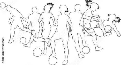 Soccer football player male and female silhouette outlines men and women group