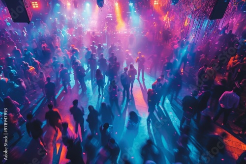 Packed nightclub dance floor with energetic dancers, colorful lighting and lively atmosphere in motion blur, evoking pulsating energy and joy of nightlife photo