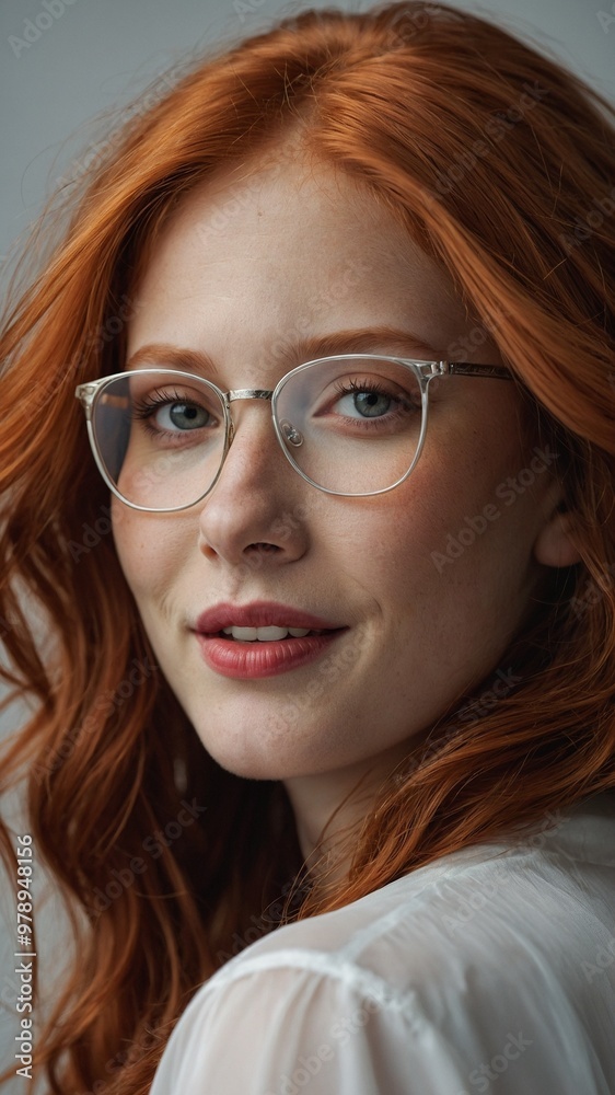 Young Caucasian woman with long, wavy red hair, wearing glasses and neutral expression Young Caucasian woman with long, wavy red hair, wearing glasses and neutral expression