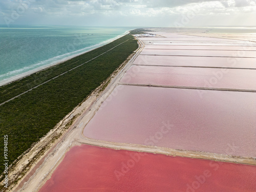 Aerial View of pink salt lakes and las coloradas beach, Río Lagartos Municipality, Yucatán, Mexiko photo