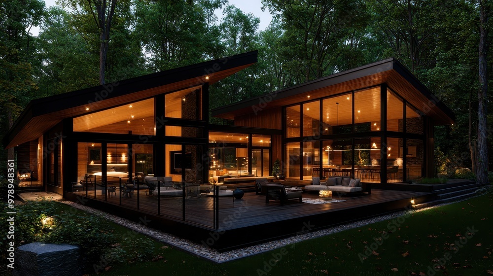 Modern Cabin with Deck and Forest View at Night Modern Cabin with Deck and Forest View at Night