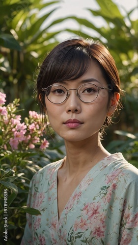 Young East Asian woman with short dark hair wearing round glasses, standing in front of blurred floral background