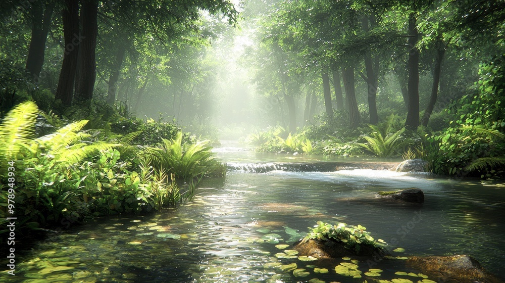 Sunbeams Through a Misty Forest Stream Sunbeams Through a Misty Forest Stream