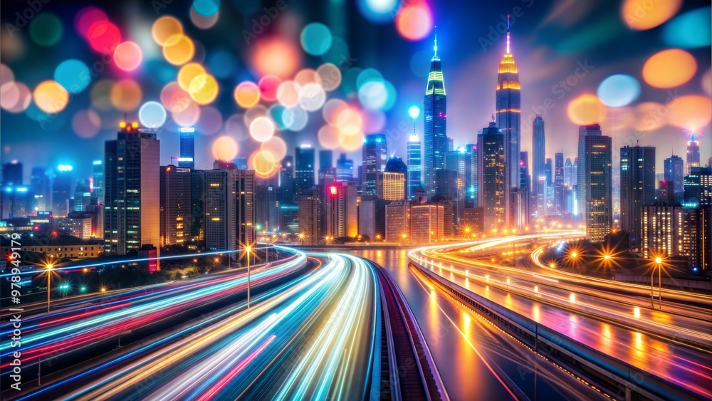 Fototapeta premium Abstract blurred bokeh neon light trails city night background