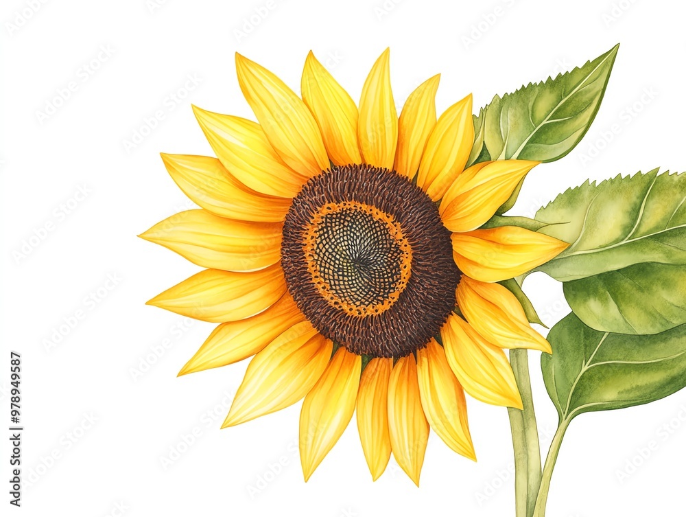Fototapeta premium Illustrate a close-up of a majestic sunflower towering over a field, with intricate details of the delicate petals and vibrant hues, in a realistic watercolor technique