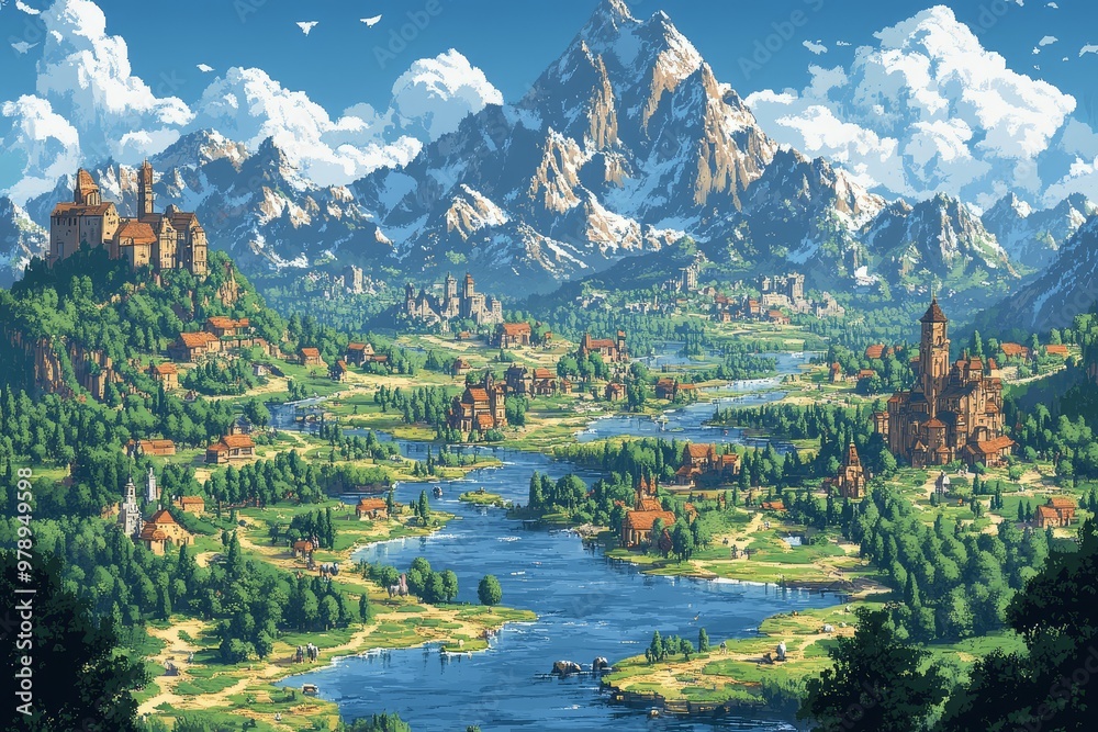 Fototapeta premium Medieval Village Landscape with Mountains River and Castles