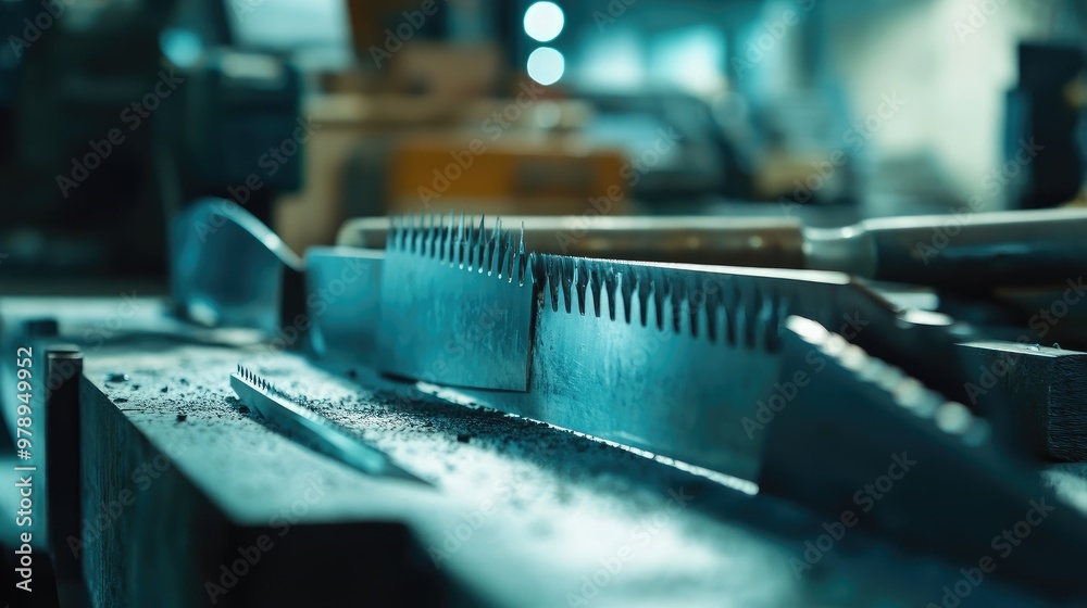 A close-up of cutting tools in a warehouse, with the metal surfaces gleaming under industrial lighting. Sharp focus on the blade edges. No people included. A close-up of cutting tools in a warehouse, with the metal surfaces gleaming under industrial lighting. Sharp focus on the blade edges. No people included.